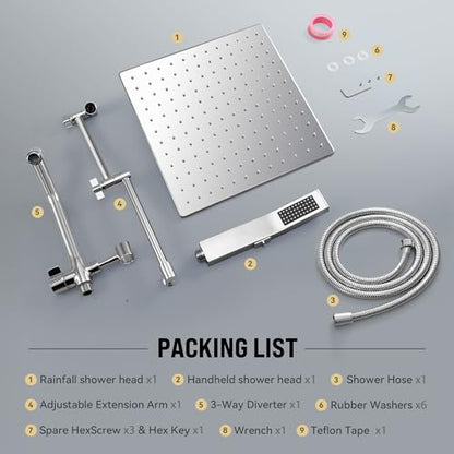 All Metal 10 Inch Rain Shower Head with Handheld Built-in Power Wash Mode, High Pressure Waterfall Rainfall Square Shower Heads with 16" Adjustable Extension Arm, Dual Showerhead(Chrome) - color: Chrome, size: 10 Inch