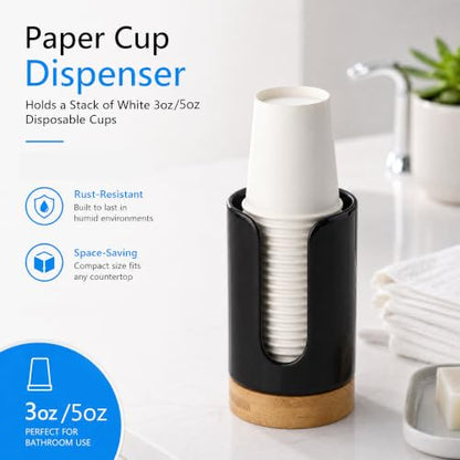 Ceramic Bathroom Cup Holder, 3-5 oz Cup Dispenser, Black | Disposable Paper & Plastic Bathroom Cups Holder - Mouthwash Cups Dispenser for Bathroom, Guest Toiletries, Countertop, Coffee - color: Black