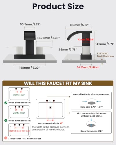 gotonovo Waterfall 4’’ Centerset Bathroom Sink Faucet Black&Brushed Nickel | 2 Handle Bathroom Faucet,SUS304,2 or 3 Hole,2.17’’ Wide Spout,24’’ cUPC Water Line,Pop Up Drain,Vanity,RV,Lavatory Modern Tap - color: Black&Nickel