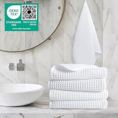 POLYTE 430 GSM Poly Blend Microfiber Quick Dry Waffle Hand Towel, 16x30 in | 4 Pack, Oversize, Lint Free, Quick Dry, Hanging Loop - color: White