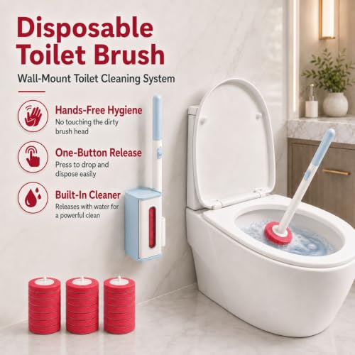 Disposable Toilet Brush with Wall Mounted Holder, 24 Toilet Wand Refills | Hands Free Toilet Brush with One-Button Release, Compact Design, Bathroom Cleaning for RV & Small Bathroom, Light Rose Scent