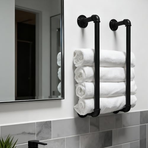 Industrial Pipe Towel Rack for Bathroom Wall Mounted,Towel Holder Black | 24 Inch,Easy To Install,Made of Galvanized Steel,Hold Up To 6 Regular Size Bath Towels,For Farmhouse Bathrooms Laundry Rooms - size: 24 Inch