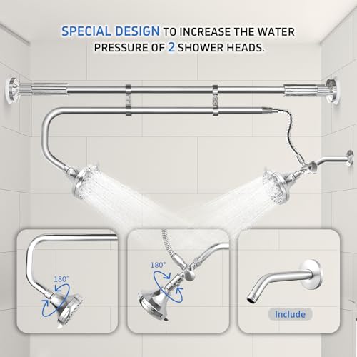OURBAOFU Tandem Shower Heads, Double Shower Head for Couples, Dual Shower Head System for Two People, High Pressure and Adjustable Double Shower Heads (Silver) | Double Shower Head High Water Pressure,Adjustable 360° Rotation,48–78 In for bathrooms,Stainl
