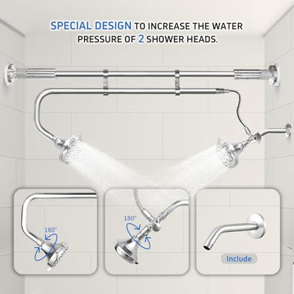 OURBAOFU Tandem Shower Heads, Double Shower Head for Couples, Dual Shower Head System for Two People, High Pressure and Adjustable Double Shower Heads (Silver) | Double Shower Head High Water Pressure,Adjustable 360° Rotation,48–78 In for bathrooms,Stainl