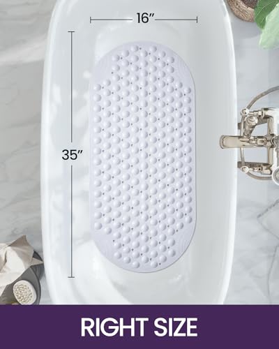 DEXI Bathtub Mat Non Slip 16x35, Shower Floor Mats for Bathroom Bath Tub | Clear Washable Oval Bathmat, Suction Cups and Drain Holes to Keep Tubs Clean - color: Clear