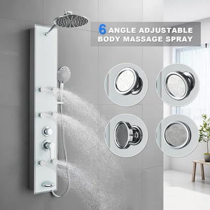POPFLY Tempered Glass Shower Panel Tower System, 9" Adjustable Shower Arm Height, 304 Stainless Steel White Shower Panels Tower with 6 Massage Jet and Tub Spout - color: Tempered Glass-white With 6 Jets