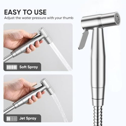 Modern Stainless Steel Handheld Bidet Sprayer Set for Toilet - 150cm (59") Extra-Long Hose - Adjustable Water Flow Control Shattaf with Wall Mount Holder - Easy Installation Diaper Spray Gun