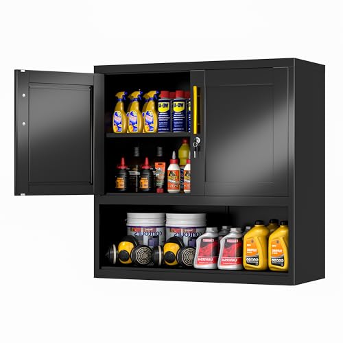 GAIOUS Metal Garage Wall Cabinet with Lock, Wall Mounted Steel Tool Cabinet | with Door and Shelf, Medicine Cabinet with Open Area, Hanging Cabinet for Garage Warehouse Bathroom Kitchen, Black - color: Black, size: 11.81"D x 27.6"W x 27.6"H