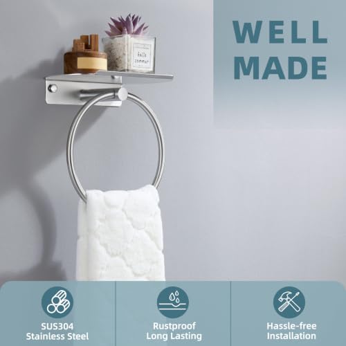 Angle Simple Towel Ring with Storage Shelf, Towel Holder Brushed Nickel | SUS304 Stainless Steel, Bathroom Kitchen Space Saver, Wall-Mounted - color: Brushed Nickel