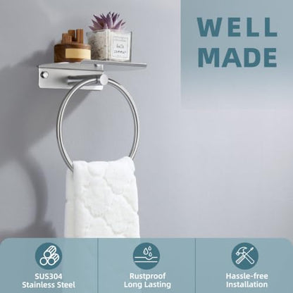 Angle Simple Towel Ring with Storage Shelf, Towel Holder Brushed Nickel | SUS304 Stainless Steel, Bathroom Kitchen Space Saver, Wall-Mounted - color: Brushed Nickel