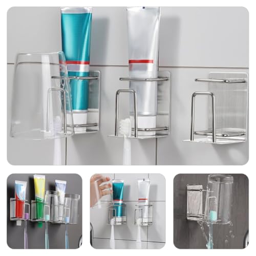 Mobestech Nail-Free Stainless Steel Toothbrush Holder Wall Mounted Bathroom Organizer with Toothpaste Storage Rack and Rinsing Cup for Home Bathroom Accessories