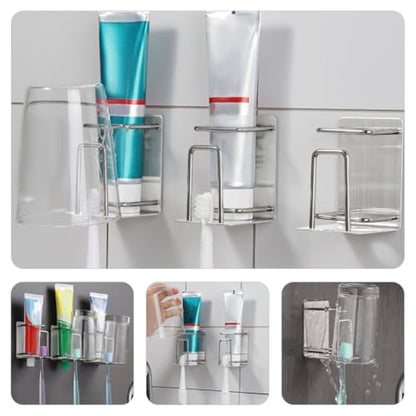 Mobestech Nail-Free Stainless Steel Toothbrush Holder Wall Mounted Bathroom Organizer with Toothpaste Storage Rack and Rinsing Cup for Home Bathroom Accessories