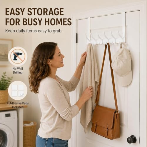Peasulin 2 Pack Over The Door Hooks, Sturdy Door Hanger, Large Over The Door Towel Rack with 12 Hooks, Heavy Duty Easy to Install, for Bathroom, Bedroom，Kitchen，Hanging Towels, Coats (White) | for 1-3/4" Doors, 7.4" Arms, 6 Double Hooks with 12 Hanging Po