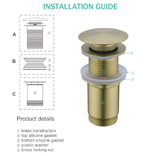 All Metal Bathroom Sink Drain,Pop-up Drain with Detachable Basket Stopper,Anti-Clogging Drain Strainer,Hair Catcher,for Vanity Vessel Sink Without Overflow,Brushed Gold,SE83997PB-BG - color: Brushed Gold(without Overflow)