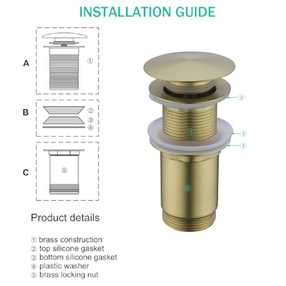 All Metal Bathroom Sink Drain,Pop-up Drain with Detachable Basket Stopper,Anti-Clogging Drain Strainer,Hair Catcher,for Vanity Vessel Sink Without Overflow,Brushed Gold,SE83997PB-BG - color: Brushed Gold(without Overflow)