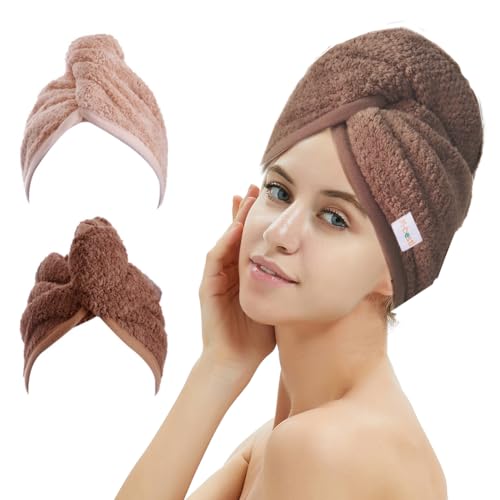 M-bestl 2 Pack Hair Drying Towels, Hair Wrap Towels, Absorbent Microfiber Hair Towel Turban with Button Design to Dry Hair Quickly(Coffee& Pink) - color: Coffee& Pink