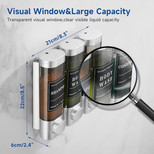 Shampoo and Conditioner Dispenser Shower Dispenser 3 Chamber No Drill Shampoo Dispenser for Shower Wall Mounted Shower Dispenser Body Wash for Bathroom Hotel Large Capacity,Silver - color: Clear Sliver