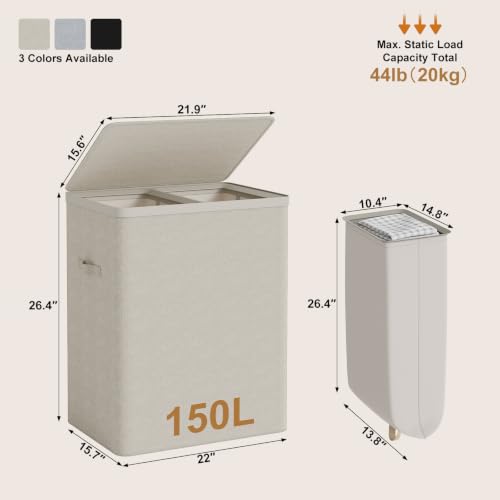 Double Laundry Hamper with Lid, 150L Large Laundry Basket 2 Compartments | Gasvadivum Dirty Clothes Hamper 2 Section with Portable Liner Bags and Handles for Laundry Room, Bedroom, Easy Assembly,Beige - color: Beige
