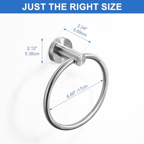 RUMOSE Brushed Nickel Bath Towel Ring Heavy Duty Round Hand Towel Holder Hanger for Bathroom & Kitchen, Stainless Steel Drill Free with Glue or Wall Mounted with Screws