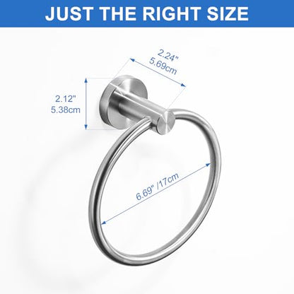 RUMOSE Brushed Nickel Bath Towel Ring Heavy Duty Round Hand Towel Holder Hanger for Bathroom & Kitchen, Stainless Steel Drill Free with Glue or Wall Mounted with Screws