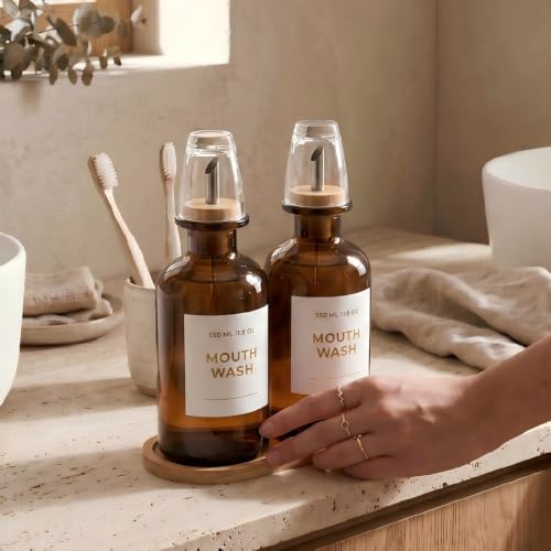 11.8OZ Glass Mouthwash Dispenser, Set of 2, Amber | Stainless Steel & Bamboo Nozzle, Mouthwash Cup Reusable, Bamboo Tray, Elegant Gold Sticker - color: Amber/350*2