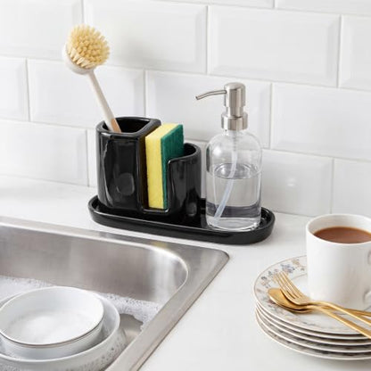 Ceramic Kitchen Sink Caddy Sponge Holder and Dish Brush Holder and Soap Tray for Kitchen Sink Organizer, Black - color: Black