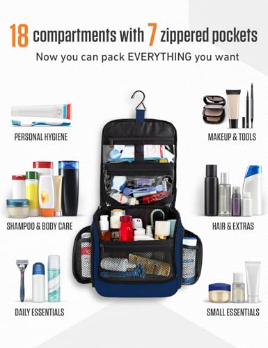 VENTURE 4TH Hanging Travel Toiletry Bag, 18 Compartments - Navy Blue | Hangs on rails, hooks or doors; stands upright. Removable TSA pouch. Water-resistant Nylon 290D Twill, reinforced stitching. - color: Navy