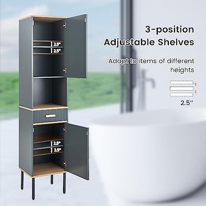 Tangkula Tall Bathroom Cabinet, Freestanding Storage Cabinet w/Doors Cabinet, Open Compartment & Drawer, Narrow Tower w/ 3-Position Adjustable Shelves, Anti-toppling Device & Metal Legs