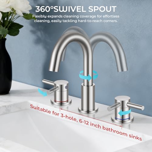 FGKQ 3-Hole 2-Handle Widespread Bathroom Sink Faucet, Brushed Nickel | Stainless steel, pop-up drain included, 360°swivel spout, for vanity sink 3-hole mount, 8-in widespread - color: 1-Brushed Nickel