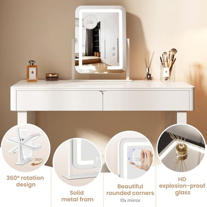 Dripex 5-in-1 Lighted Vanity Mirror with Bluetooth Speaker & Wireless Charging, 15"x12" LED Makeup Mirror with Lights 3 Colors Dimmable, Phone Holder Touch Keys 10X Magnification - color: Wireless Charging White