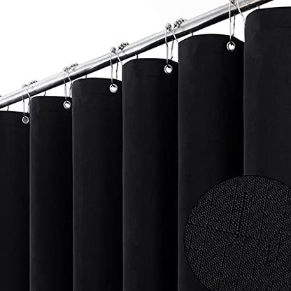 Stall Fabric Shower Curtain, 54x78 Inch Long Linen Textured Heavy Duty Cloth Shower Curtain Set with 10 Plastic Hook, Narrow Hotel Spa Weighted Bath Curtains for Bathroom, Machine Washable, Black | Narrow Long Size, 230GSM Polyester, Heavy Duty Cloth, Wei