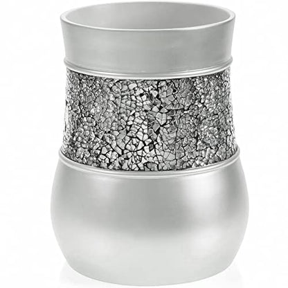 Creative Scents Crackled Glass 6 Pc. Silver Resin Bathroom Accessories Set | Includes Trash can, Tissue Box Cover, Soap Dispenser, Toothbrush Holder, Tumbler Cup & Soap Dish - style: 6 Pc Set 01