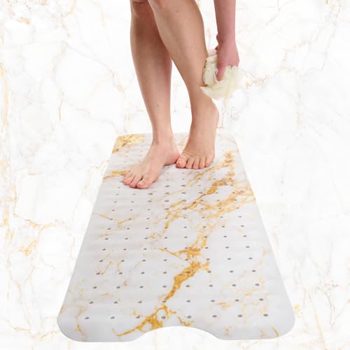 ENKOSI Non-Slip Bath & Shower Mat 40x16 Extra Long, Suction & Drain Holes | Elegant White Gold Marble print; Durable PVC; 40x16 in, White Gold Marble - color: Marble White Gold