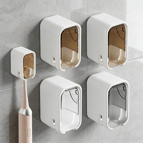 4pc Wall Mount Toothbrush Holder with Lid Self Adhesive No Drill | Clear Acrylic Dustproof Cover, Fits Electric Toothbrushes, Hygienic for Bathroom & Travel - size: 2 Beige, 1 Gray & 1 White