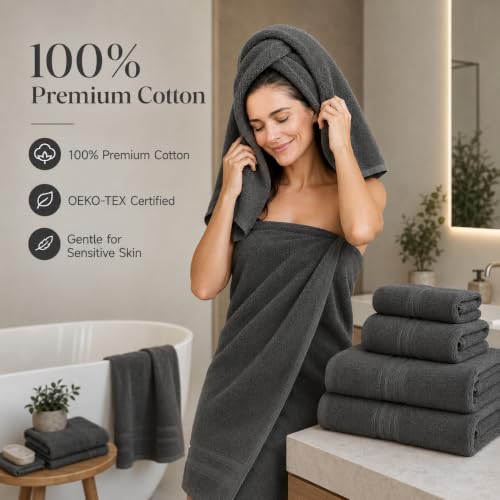 REDKISS Dark Gray Towels Set 6 Piece Cotton Towel Sets with 2 Bath Towels, 2 Hand, 2 Washcloths, 650GSM Hotel Quality, Soft, Highly Absorbent Towels for Bathroom Gym, Ideal Everyday Use - color: Dark Gray