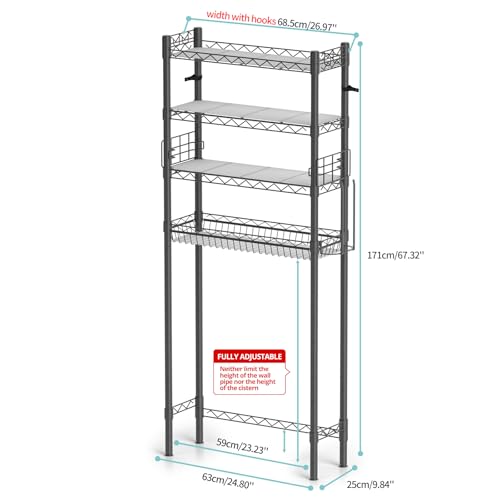 Hodonas Over The Toilet Storage Shelf, Gray, 26.97" x 9.84" x 67.32" | Sturdy Carbon Steel, 4 Tiers, Adjustable, Freestanding, Stable Above Toilet for Bathroom Storage, Easy to assemble - color: Grey-4 Tier