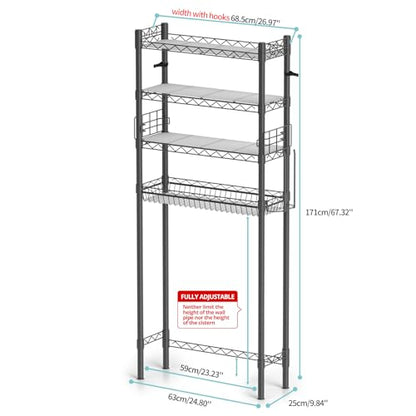 Hodonas Over The Toilet Storage Shelf, Gray, 26.97" x 9.84" x 67.32" | Sturdy Carbon Steel, 4 Tiers, Adjustable, Freestanding, Stable Above Toilet for Bathroom Storage, Easy to assemble - color: Grey-4 Tier
