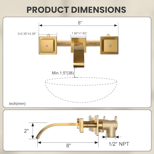 ALEASHA Wall Mounted Bathroom Sink Faucet, Brushed Gold Bathroom Faucet | Waterfall Bathroom Sink Faucet with Two Handles, Controllable Heat and Cold, Solid Brass Wall-Mount Washroom Faucets - color: Brushed Gold