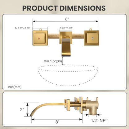 ALEASHA Wall Mounted Bathroom Sink Faucet, Brushed Gold Bathroom Faucet | Waterfall Bathroom Sink Faucet with Two Handles, Controllable Heat and Cold, Solid Brass Wall-Mount Washroom Faucets - color: Brushed Gold