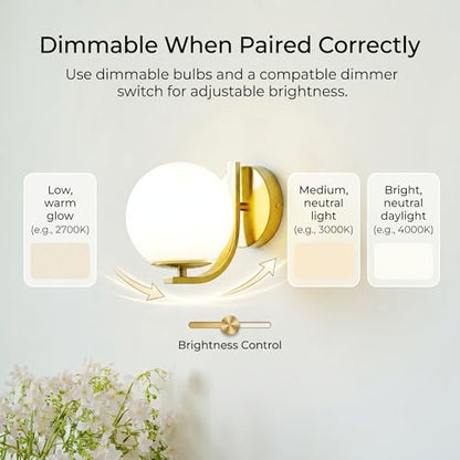 Mid Century Gold Wall Sconces Set of 2 with Milky Glass Globe Shade | Modern Art Deco, Wall Mounted Light Fixture, Vanity Wall Light, For Bedroom, Living Room, Hallway, Stairway - color: Gold, size: 2 Pes
