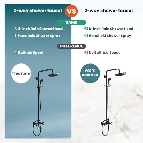 gotonovo Exposed Shower Faucet with Spout Matte Black,Straight Pipe | Brass Bathroom Exposed Shower System,8’’ Rain Head,Swivel Tub Spout 2 Cross Handle,Adjustable Handheld Sprayer,Wall Mount - color: Black