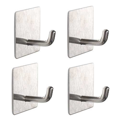 Bath Towel Hooks - 4 Pack Strong Self Adhesive Coat/Clothes Hooks, No Drilling Sticky Hooks, Heavy Duty 304 Stainless Steel Shower Wall Hook for Bathroom Kitchen Bedroom(Brushed Nickel) - color: Brushed Nickel-4