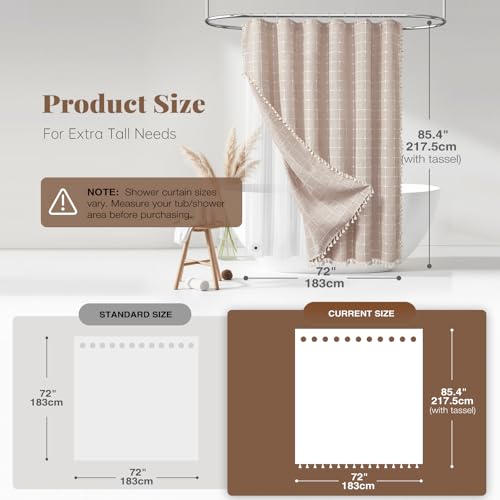3-in-1 Long Boho Linen Fabric Shower Curtain with Liner, 72x84, Taupe | Long Size, 330GSM Linen Blend, Waterproof Clear PEVA Liner, Heavy Duty Cloth, 12 Hooks, Rustic Bohemian, Machine Washable - color: Taupe With Liner, size: 72"W x 84"L (Pack of 1)