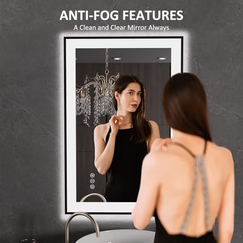 LOAAO 24"X36" LED Bathroom Mirror Black Framed | Anti-Fog, Dimmable, Memory Function, Tempered Glass, Lighted Vanity Mirror for Wall - size: 24"L x 36"W