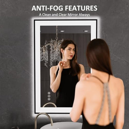 LOAAO 24"X36" LED Bathroom Mirror Black Framed | Anti-Fog, Dimmable, Memory Function, Tempered Glass, Lighted Vanity Mirror for Wall - size: 24"L x 36"W