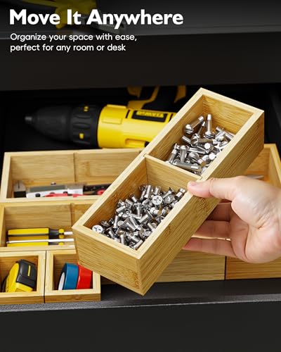Bamboo Drawer Organizer Set, 6 PCS Trays with 12 Compartments | Natural Bamboo, Flexible Modular Trays, Water-Resistant, Stackable Design, Adjustable, Excellent Organization, Easy to Clean - size: 12 Compartments