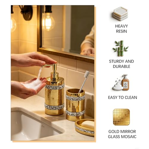 Gold Bathroom Accessories Set, Mosaic Decoration 4-piece Set | Deluxe gold mosaic bathroom 4-piece set,including soap dispenser,soap tray,toothbrush cup,partitioned toothbrush holder - size: 4 Pc Set