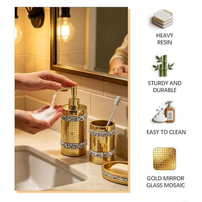 Gold Bathroom Accessories Set, Mosaic Decoration 4-piece Set | Deluxe gold mosaic bathroom 4-piece set,including soap dispenser,soap tray,toothbrush cup,partitioned toothbrush holder - size: 4 Pc Set