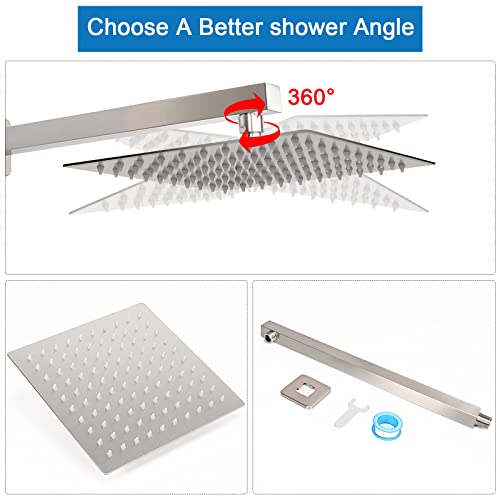 Shower Head with Extension Arm, High Pressure Square with ShowerArm, Stainless Steel Rainfall-Waterfall Full Body Coverage (10'' Shower with 16'' Arm, Brushed Nickel) - color: Brushed Nickel, size: 10'' Shower with 16'' Arm