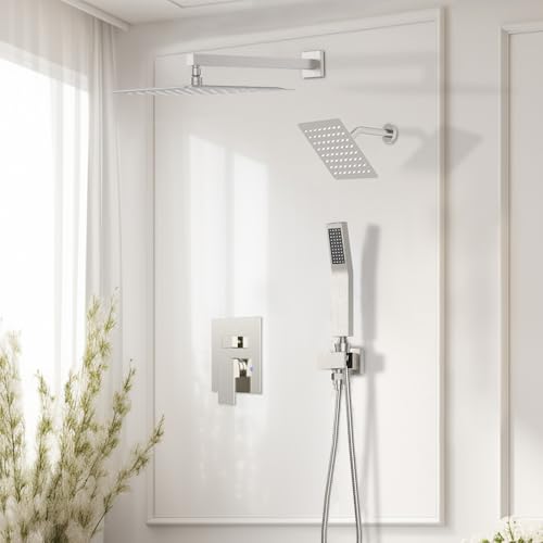STARBATH Shower Faucet Set Shower System with Diverter Valve Brushed Nickel | 12 Inch Rain Shower Head, 6 Inch Wall Mount Shower Head and Handheld Spray for Two Person, Luxury Shower Sets Complete - color: Brushed Nickel, size: 12"+6"-01